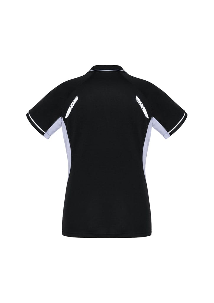 A black women's short sleeve polo with white and grey accents and a logo on the back.