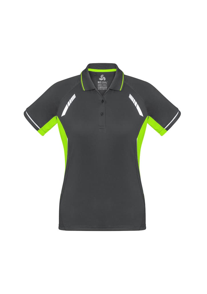 A women's short sleeve polo shirt in black with green accents and reflective details, featuring a logo.