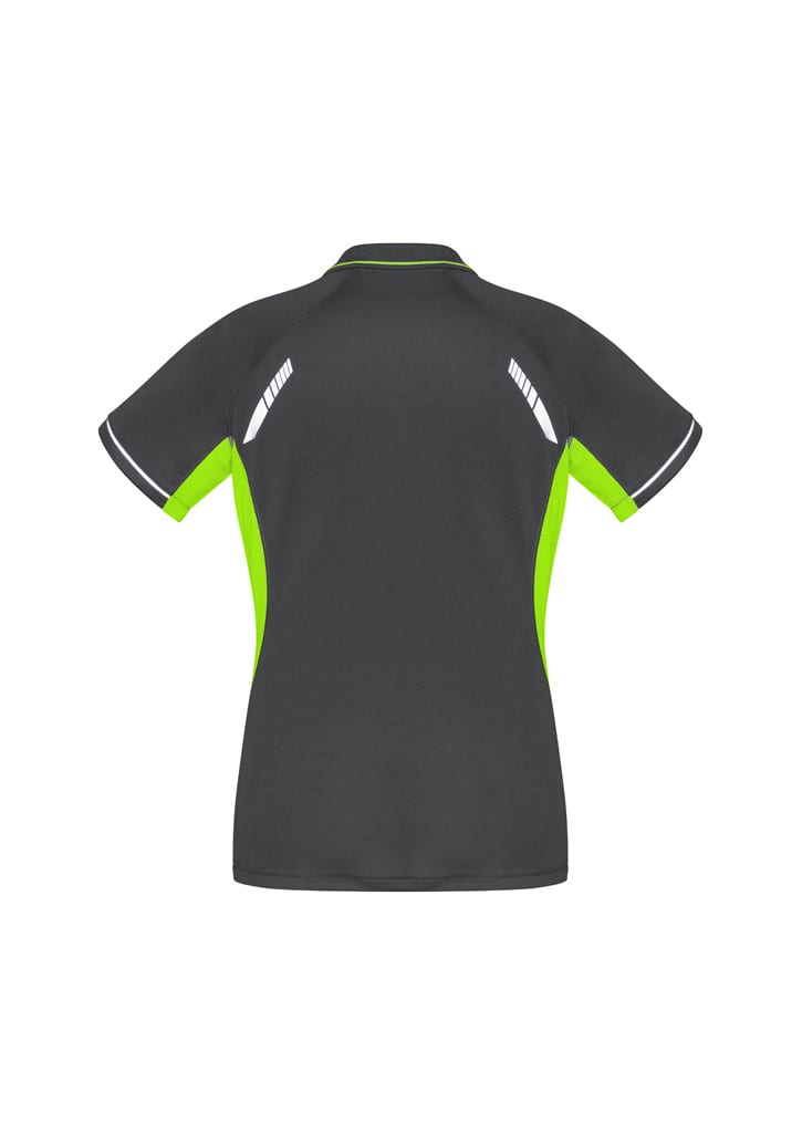 A women's short sleeve polo in dark grey with lime green accents and reflective detailing, featuring a logo.