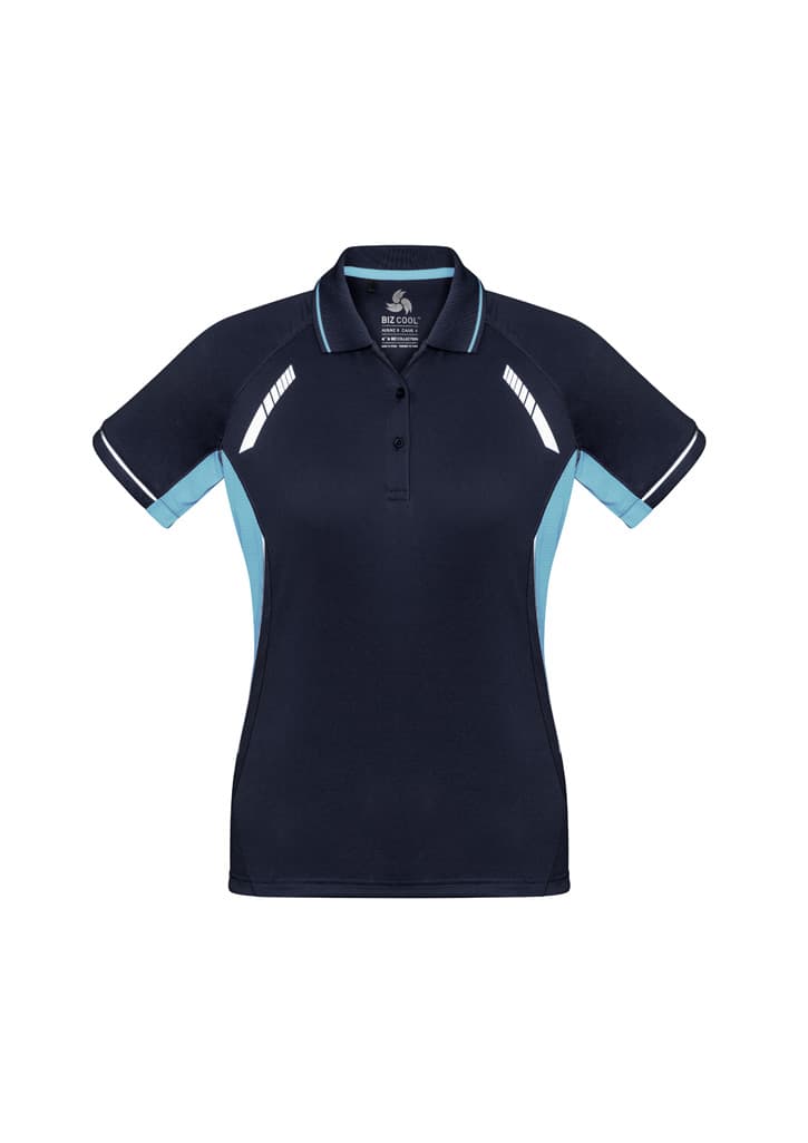 A women's navy blue short sleeve polo shirt featuring light blue accents and a logo.