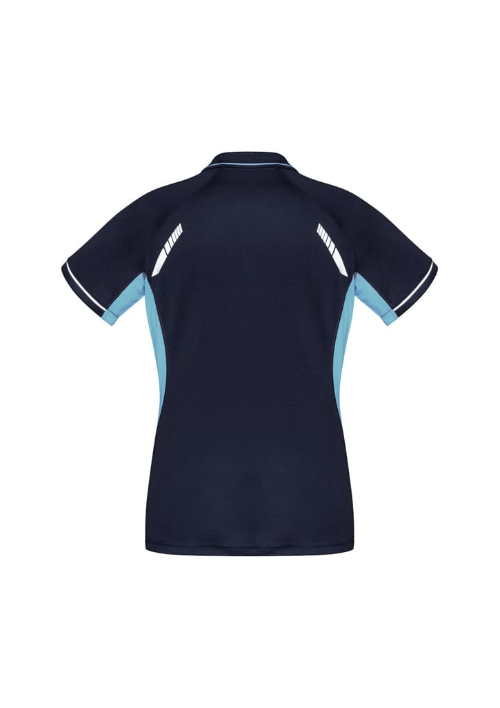 A navy blue women's polo shirt featuring light blue side panels and a logo on the back.