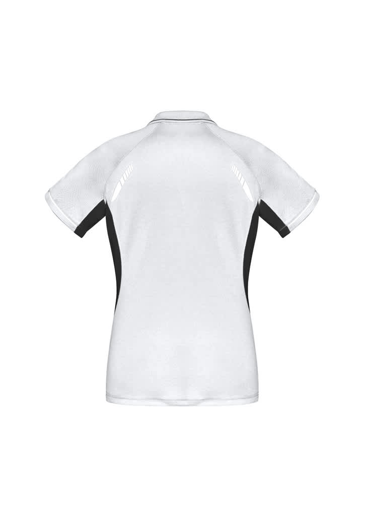 A white and black women's short sleeve polo shirt featuring a logo. Designed for a sporty, stylish look.
