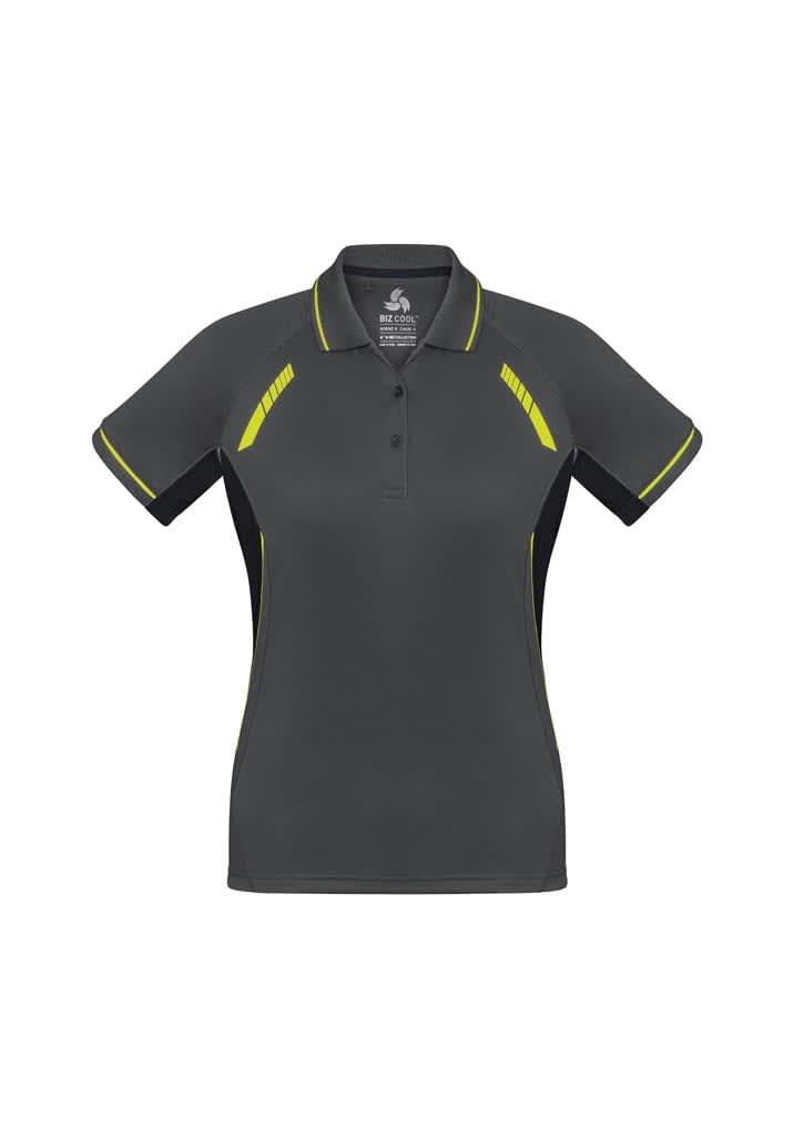 A women's polo shirt in grey with contrasting yellow accents and black side panels, featuring a logo.