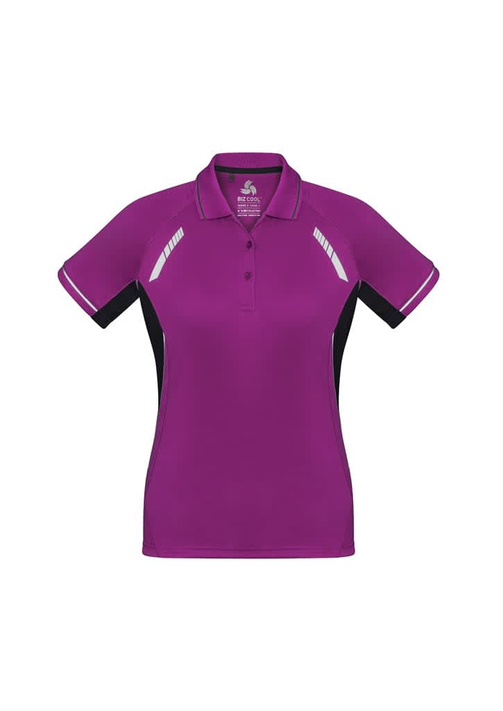 A women's short sleeve polo shirt in purple with black side panels and a logo on the chest.