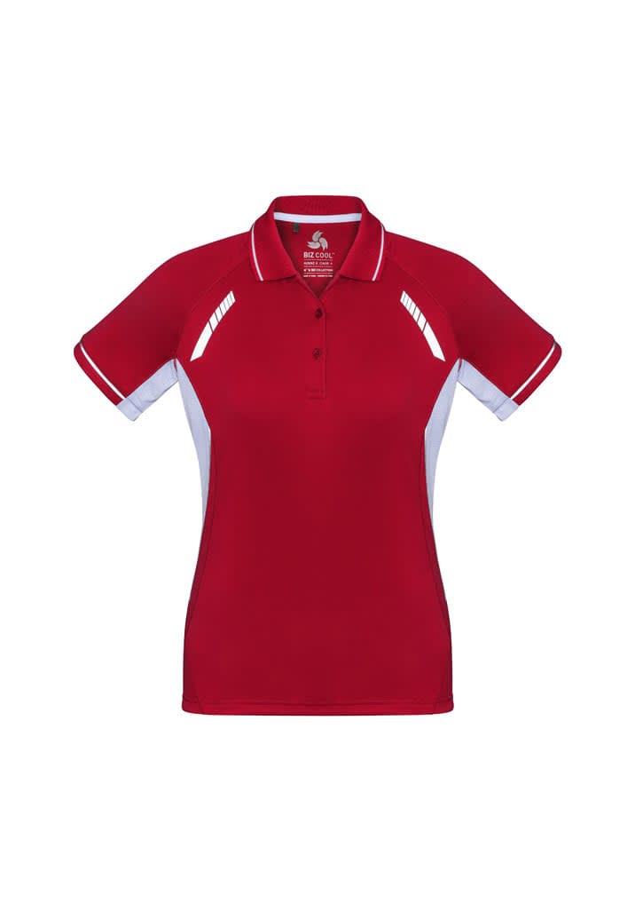 A red women's polo shirt with white detailing and a logo on the chest. Short sleeves and a classic collar design.