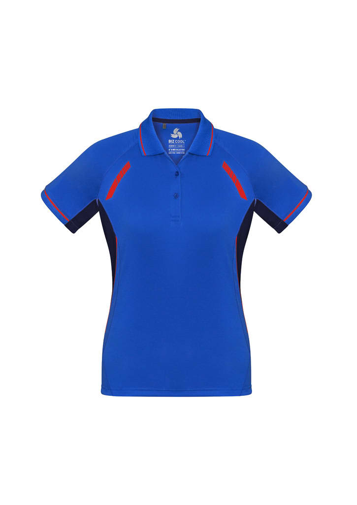 A blue women's polo shirt featuring red accents and a branded logo. Short sleeves and a fitted design.