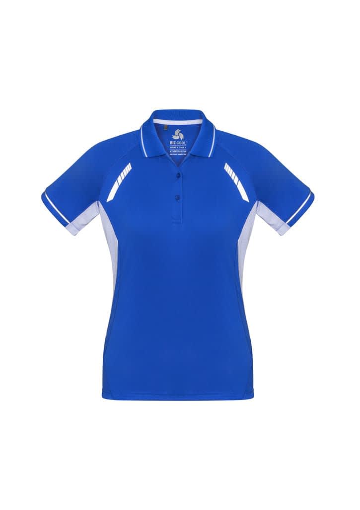 A blue women's polo shirt with white accents and a logo on the chest. Short sleeves and a classic collar design.