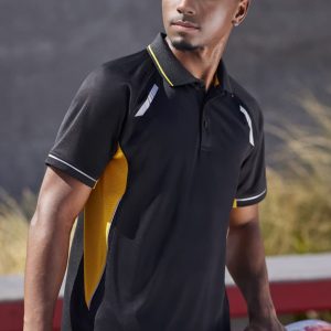 A black and yellow short sleeve polo shirt with an athletic fit and a logo. Perfect for casual or sporty occasions.