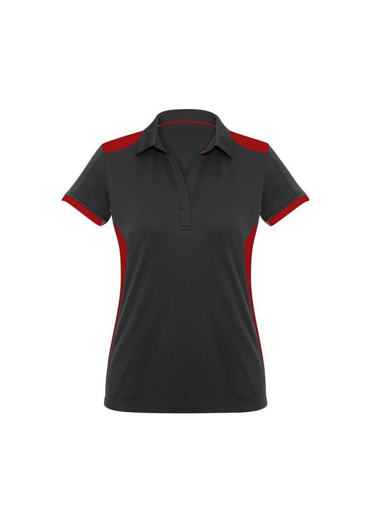 A women's short sleeve polo in black with red accents and a classic collar. It features a logo on the front.