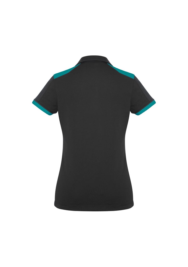 A black women's polo shirt featuring turquoise accents on the collar and sleeves, with a logo on the back.