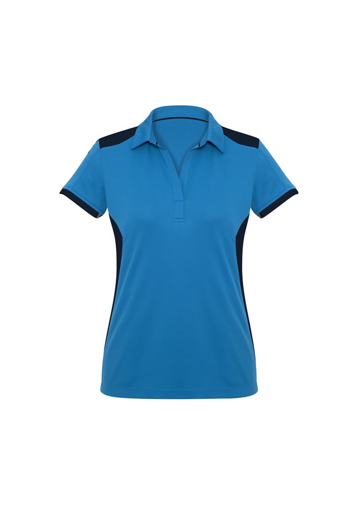 A women's polo shirt in vibrant blue, featuring black side panels and a collar. It has a logo on the chest.