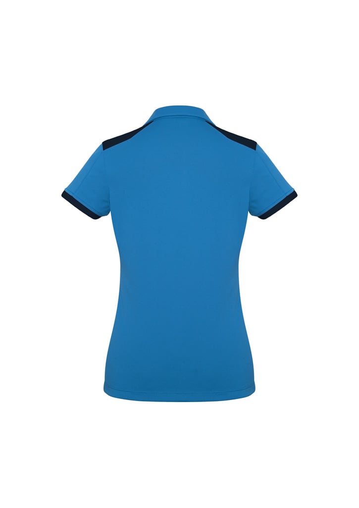 A blue women's polo shirt featuring navy accents on the shoulder and collar, with a logo on the front.