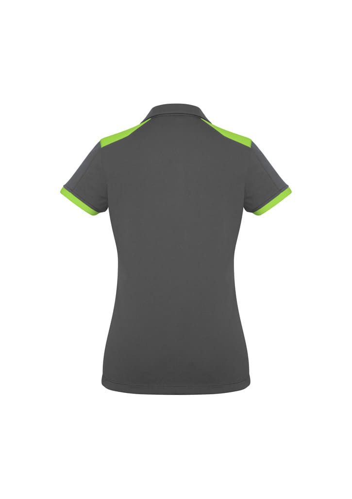 A women's short sleeve polo shirt in grey with green accents, featuring a collar and a logo.