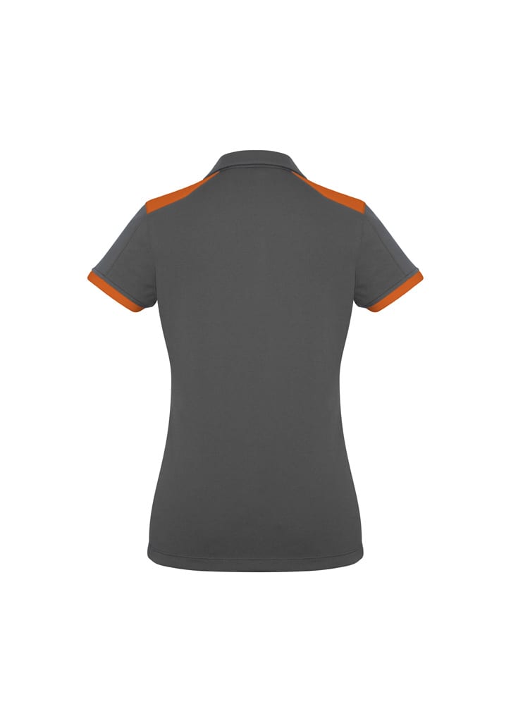 A women's short sleeve polo shirt in grey with orange accents and a logo on the back.