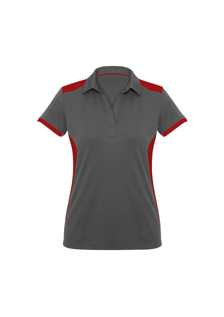 A grey women's polo shirt with red accents and a collar, featuring a logo.