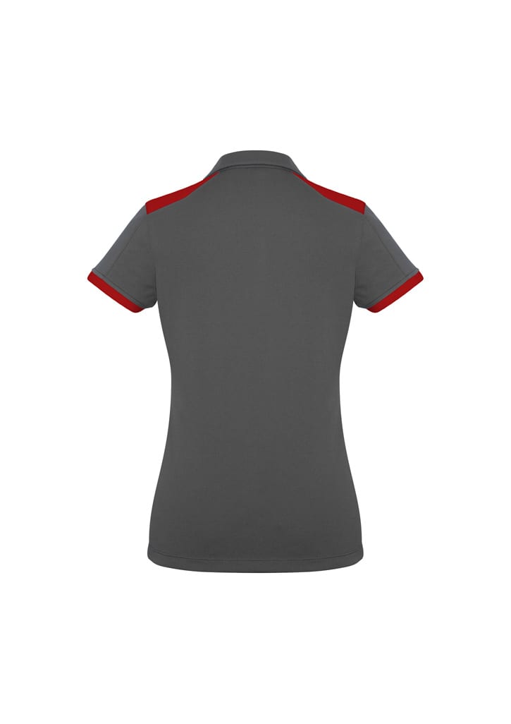 A grey women's polo shirt with red accents on the collar and sleeves, featuring a logo.