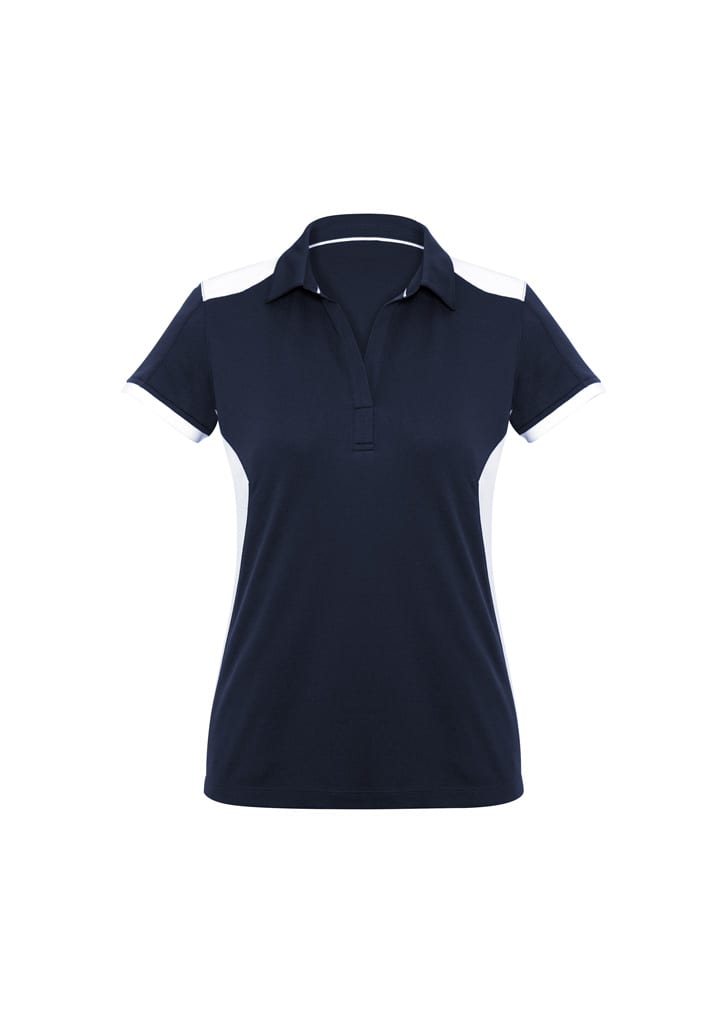 A navy blue women's polo shirt with white accents and a classic collar. It features a logo on the front.