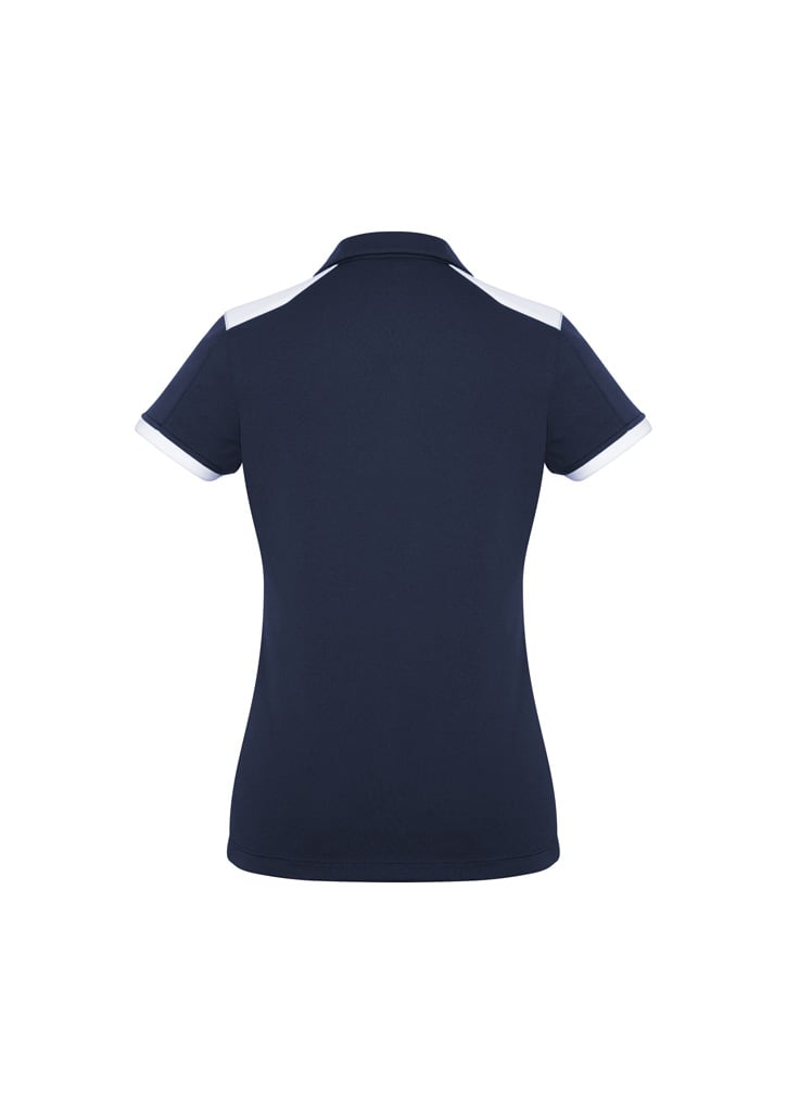 A women's polo shirt in navy with white detailing on the collar and sleeves, featuring a logo.
