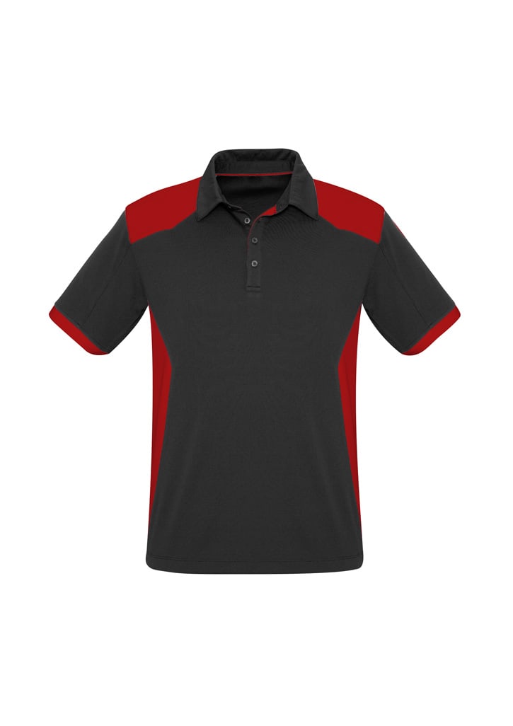 A black and red short sleeve polo shirt featuring a collar and a logo on the chest area.