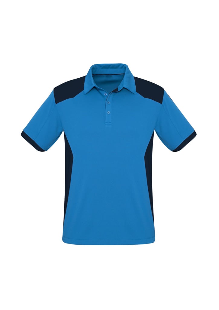 A blue and navy short sleeve polo shirt with a collar and a logo.