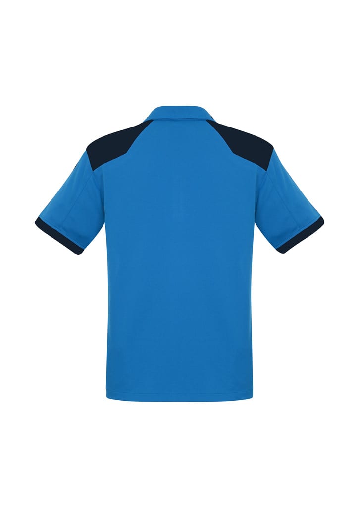 A short-sleeve men's polo shirt in blue with navy accents on the shoulders and collar. Features a logo on the chest.