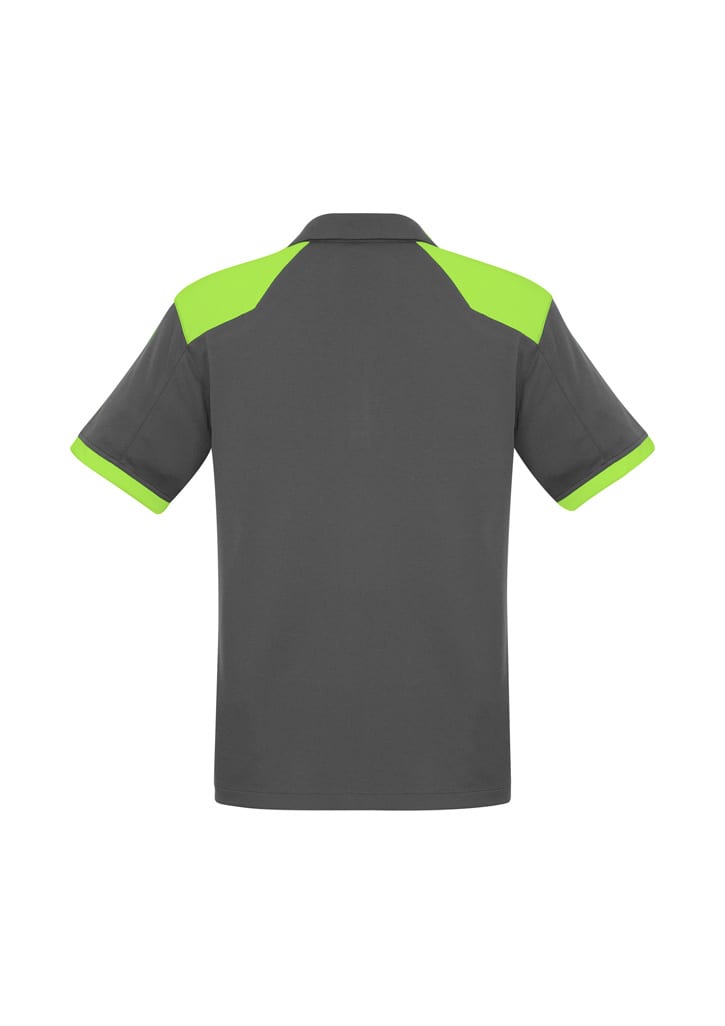 A grey polo shirt with bright green accents on the shoulders and sleeves, featuring a logo.
