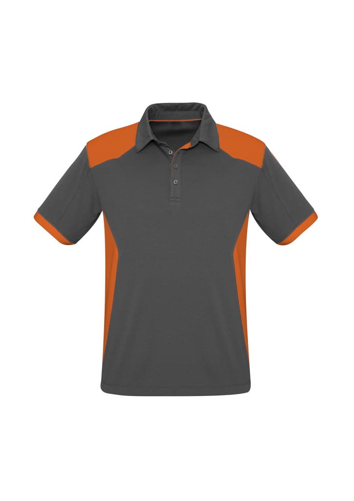 Men's polo shirt in grey with orange accents, featuring a classic collar and short sleeves. Includes a logo.