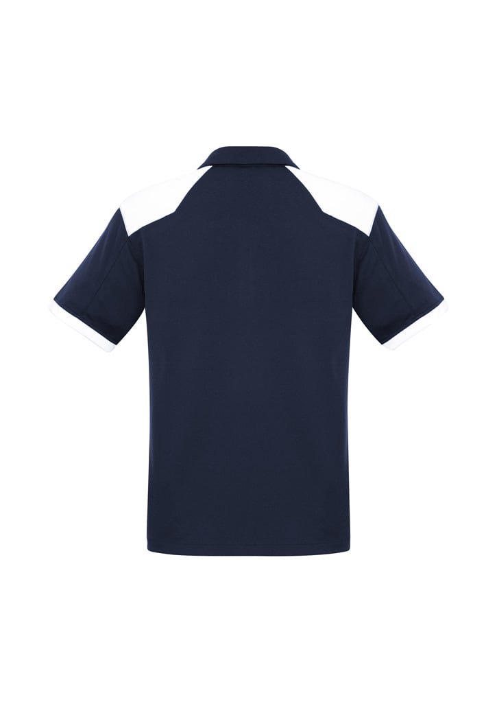 A navy polo shirt featuring white accents on the sleeves and shoulders, designed for men.