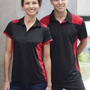 A black polo shirt with red accents, featuring a logo, displayed on a male and female model.
