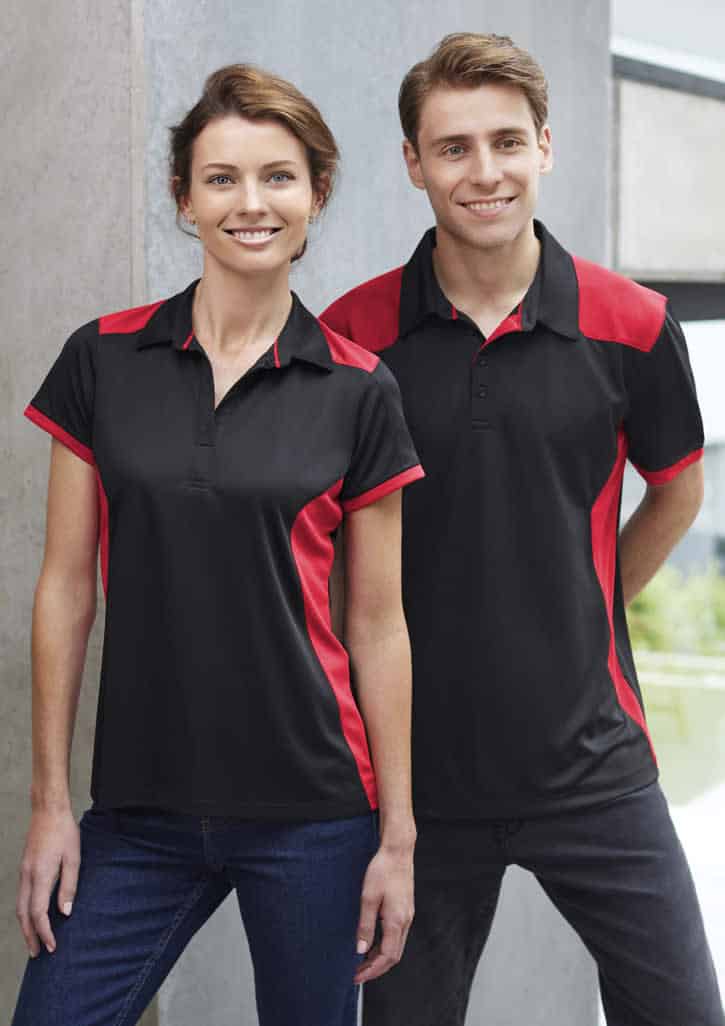 A black polo shirt with red accents, featuring a logo, displayed on a male and female model.