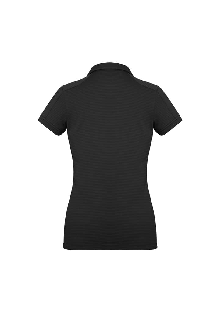 A women's short sleeve polo shirt in black, featuring a fitted design and a collar. The shirt includes a logo.
