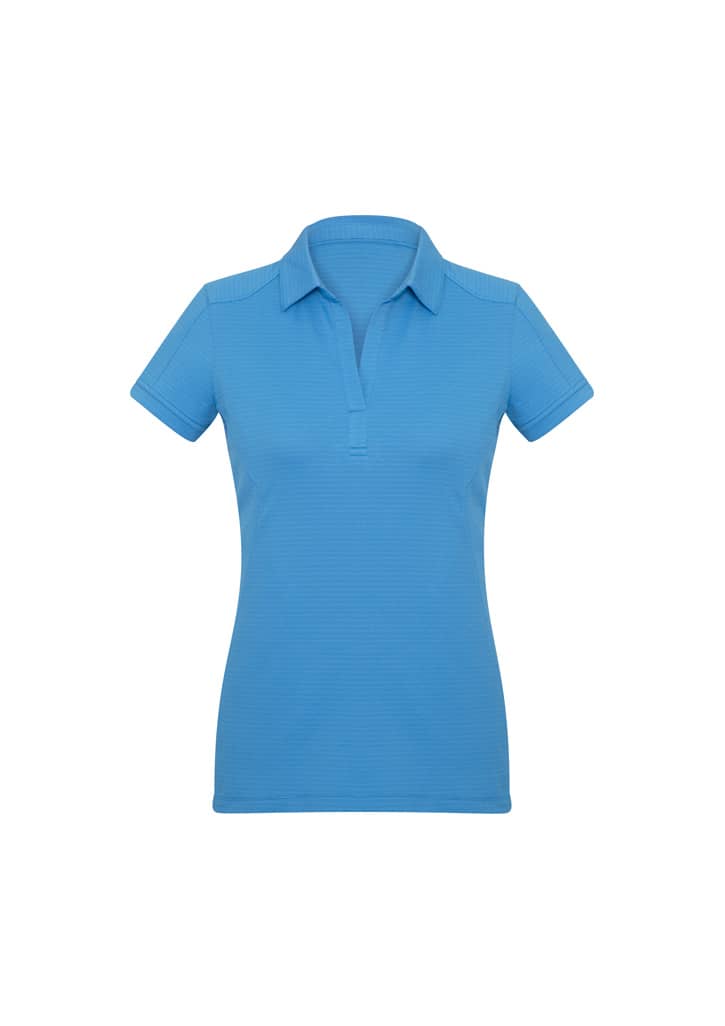 A women's short sleeve polo shirt in a vibrant blue colour, featuring a collar and a logo.