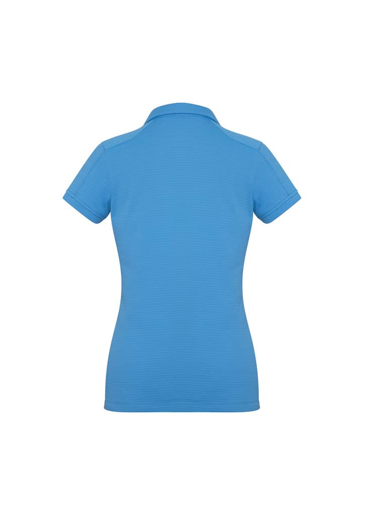 A women's short sleeve polo shirt in a bright blue colour featuring a subtle ribbed texture and a branded logo.