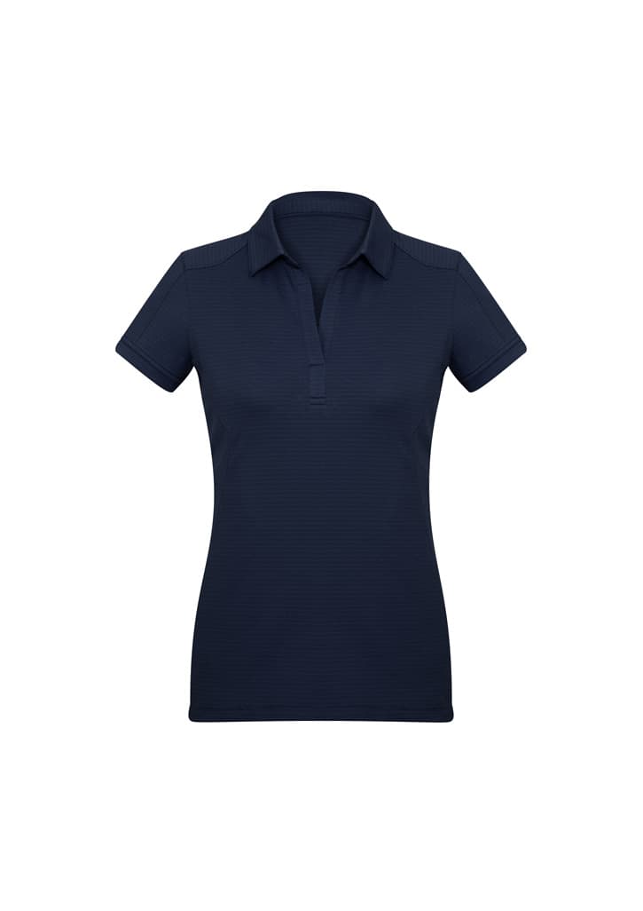 A navy blue women's short sleeve polo shirt with a collar and a logo on the chest.