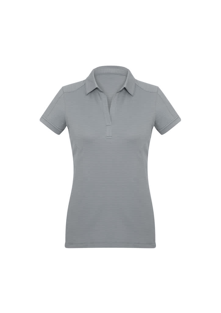 A women's short sleeve polo shirt in a light grey colour, featuring a classic collar and a logo.