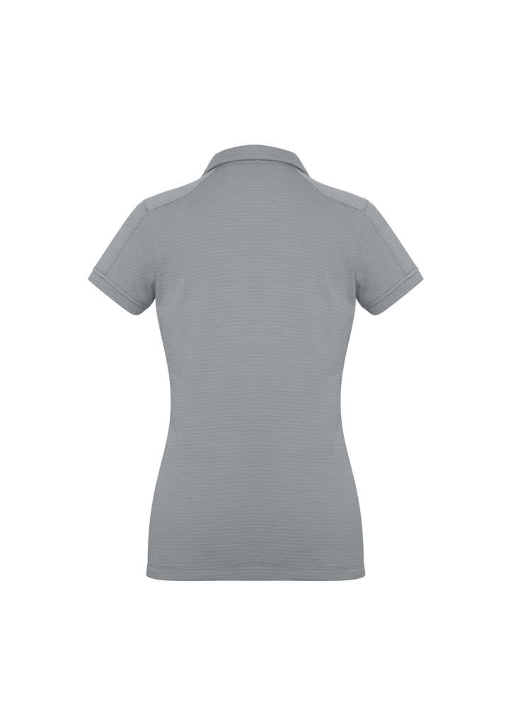 A women's short sleeve polo shirt in grey, featuring a fitted design and a collar. It has a branding logo.