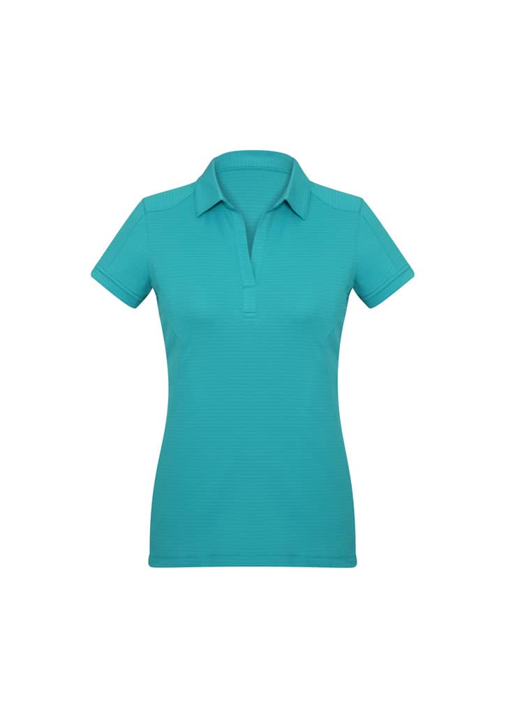 A turquoise women's profile short sleeve polo shirt featuring a simple design and a collar. It has a logo.