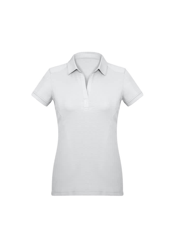 A women's short sleeve polo shirt in light grey, featuring a collar and a logo.