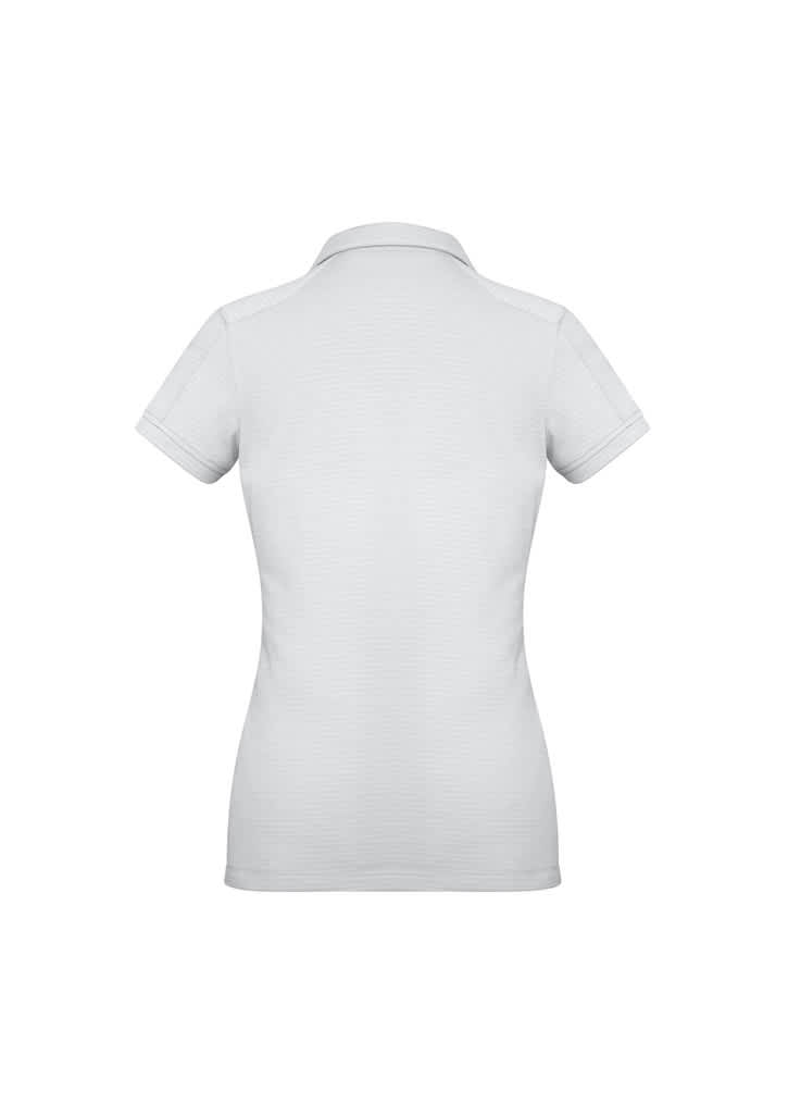 A women's short sleeve polo shirt in light grey with a logo on the back.