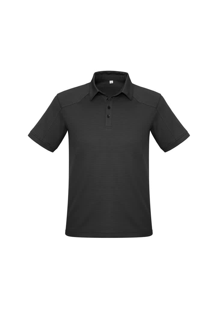 A short sleeve polo shirt in black, featuring a collar and three buttons, with a subtle textured pattern.