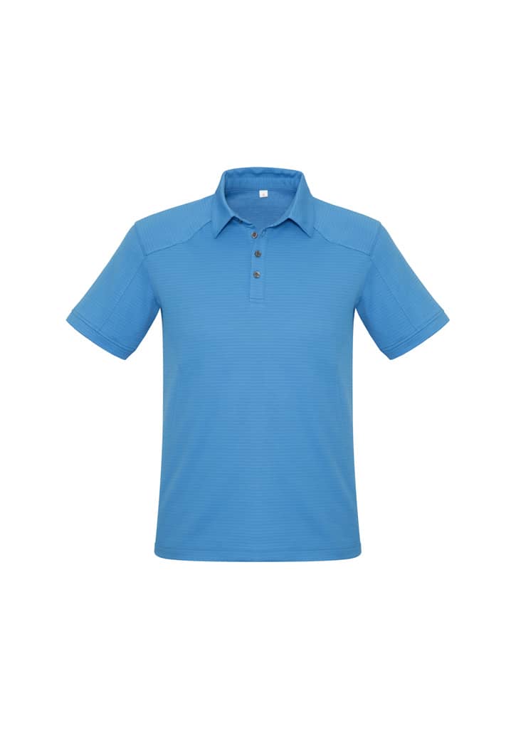 A blue short sleeve polo shirt with three buttons and a subtle texture, featuring a logo.