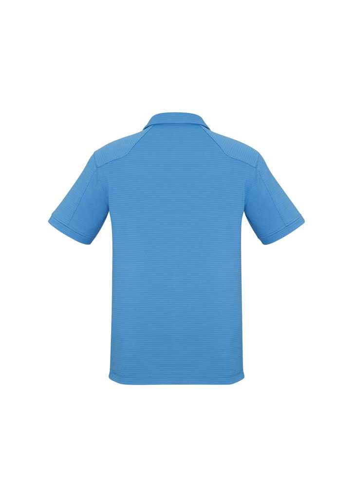 A blue men's short sleeve polo shirt featuring a collar and a branded logo on the back.