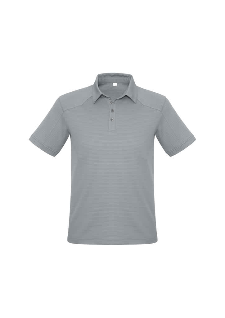 A light grey men's short sleeve polo shirt with a collar and three-button placket, featuring a logo.