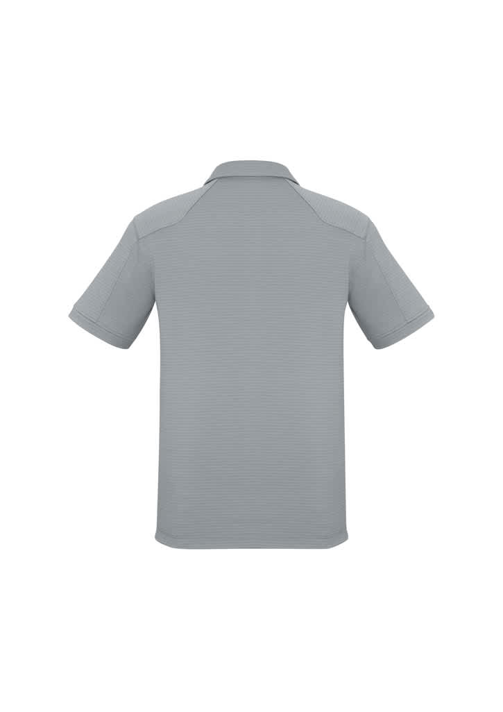 A light grey short sleeve polo shirt with a collar and a logo on the back.