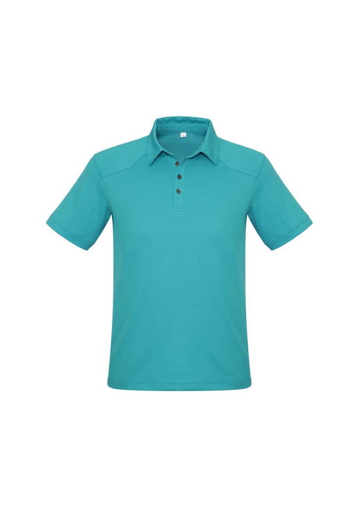 A teal short sleeve polo shirt featuring a collar, three buttons, and a logo.