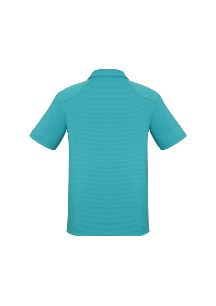 A short sleeve polo shirt in aqua blue, featuring a collar and back detailing, with a logo present.