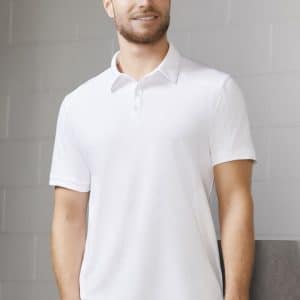 A white short sleeve polo shirt with a collar, featuring a brand logo, displayed on a male model.