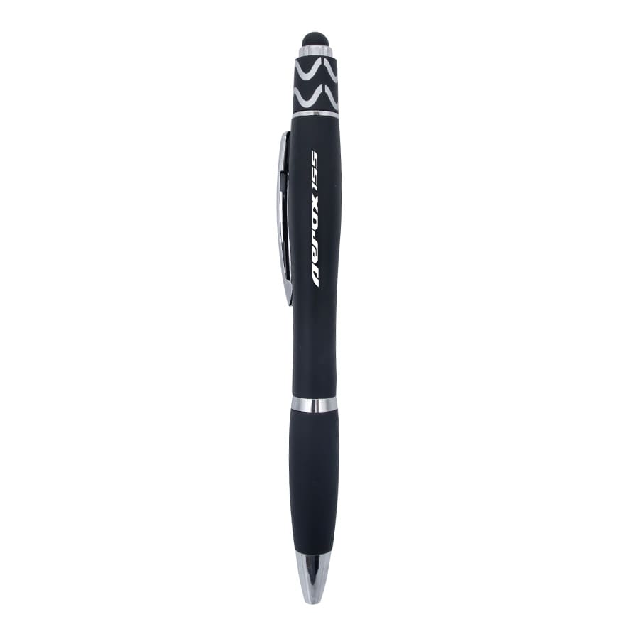 A black stylus pen with a sleek design, featuring a silver clip and a logo.