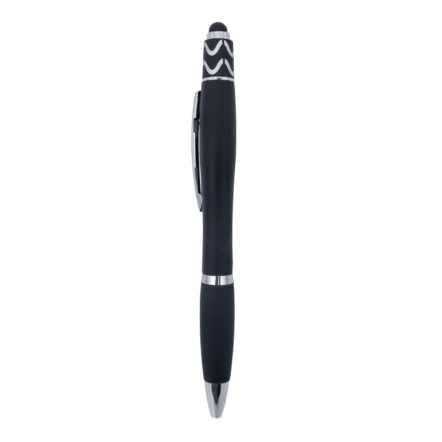 A black Spinner Fidget Pen features a sleek design with a stylus tip and a branded cap.