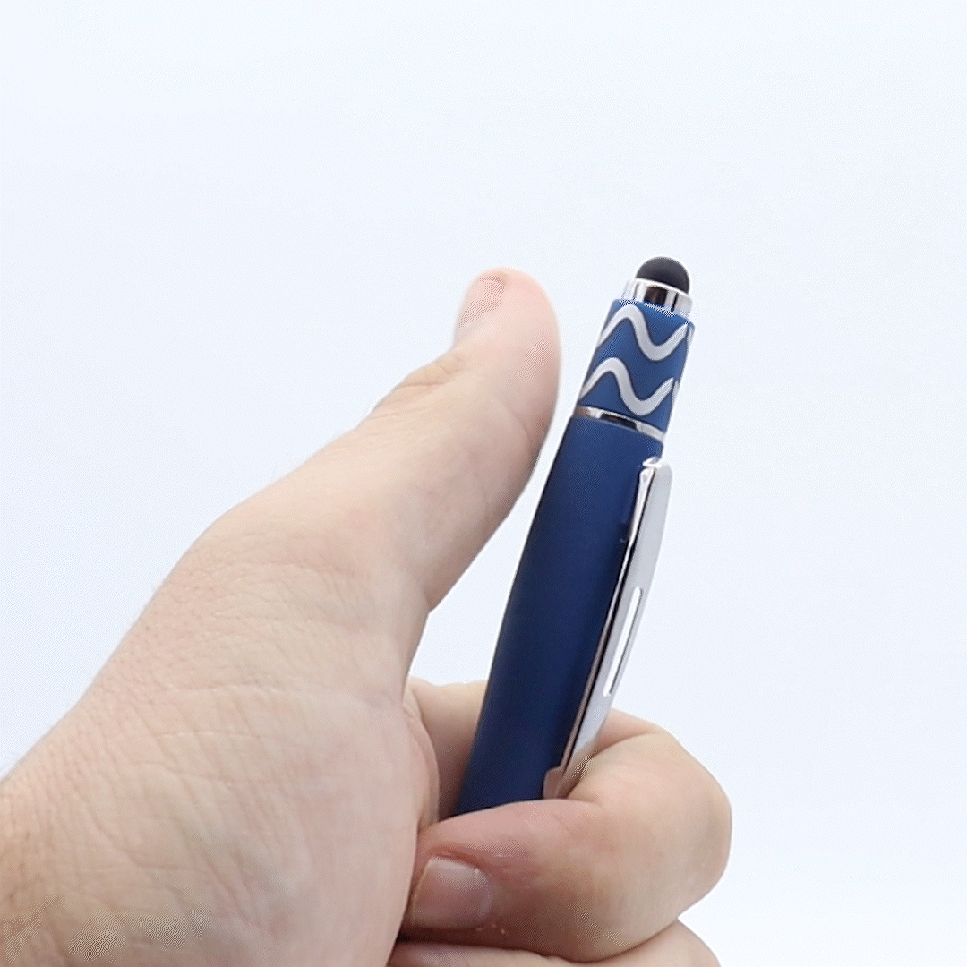 A blue fidget pen featuring a stylus tip and a spinner design, held in a hand against a white background.